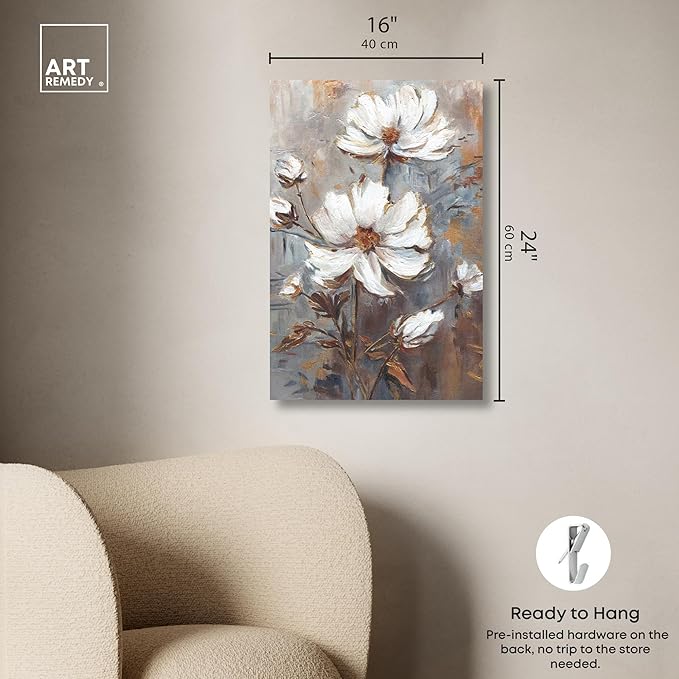 Art Remedy White Textured Flowers Canvas Elegant Floral Wall Art, Gallery Wrapped, 16" x 24"
