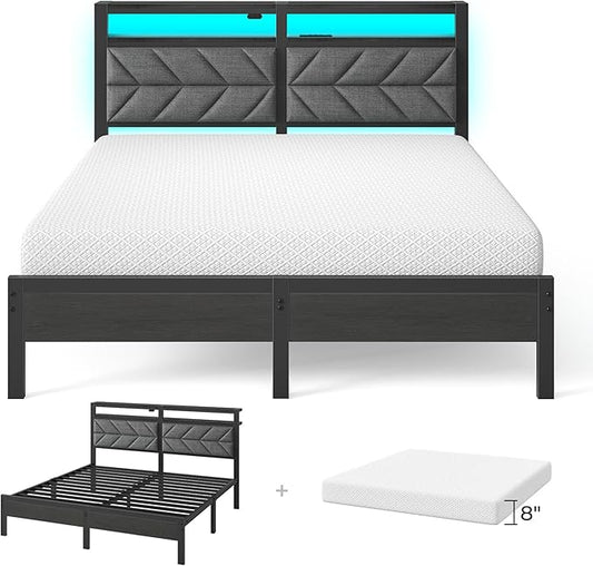 Seventable Full Size Bed Frame with 8 Inch Gel Memory Foam Mattress, LED Metal Platform Bed with USB Charging & Storage Headboard, Grey, CertiPUR-US Certified Mattress