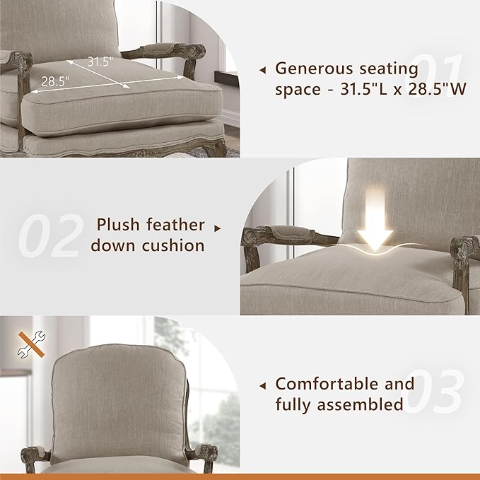 Lexicon Parlier Show Wood Accent Chair - Mid Century Modern Chair for Living Room, Traditional French Country Style, Padded Arms, Reversible Cushion, Solid Wood Frame, Arrives Assembled, Neutral