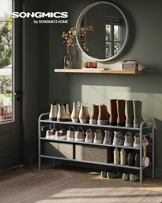 SONGMICS Shoe Rack, 3-Tier Shoe Organizer, Fabric Shoe Shelf Storage with 4 Hooks, Holds up to 18 Pairs of Shoes, Height-Adjustable Shoe Rack for Entryway, Hallway, Closet, Easy Assembly, Dove Gray