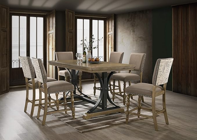 Roundhill Furniture Birmingham 7-Piece Driftwood Finish Table with Nail Head Chairs Counter Height Dining Set