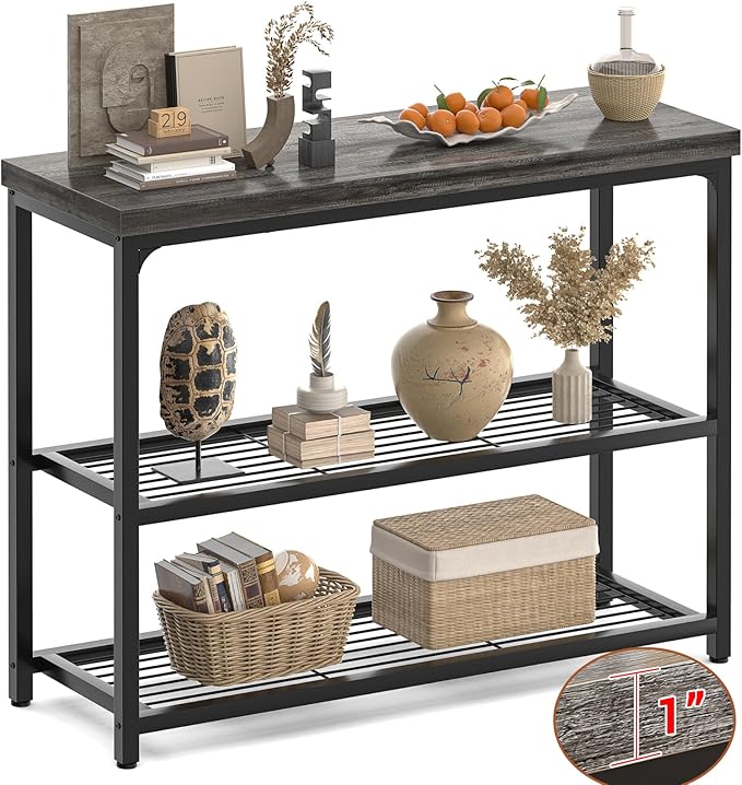 32" Small Console Table with Storage, 3-Tier Narrow Entryway Table, Sturdy Sofa Table with Mesh Shelves, Console Tables for Living Room, Bedroom, Hallway, Entryway, Foyer, Oak Grey
