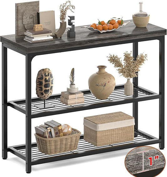 32" Small Console Table with Storage, 3-Tier Narrow Entryway Table, Sturdy Sofa Table with Mesh Shelves, Console Tables for Living Room, Bedroom, Hallway, Entryway, Foyer, Oak Grey