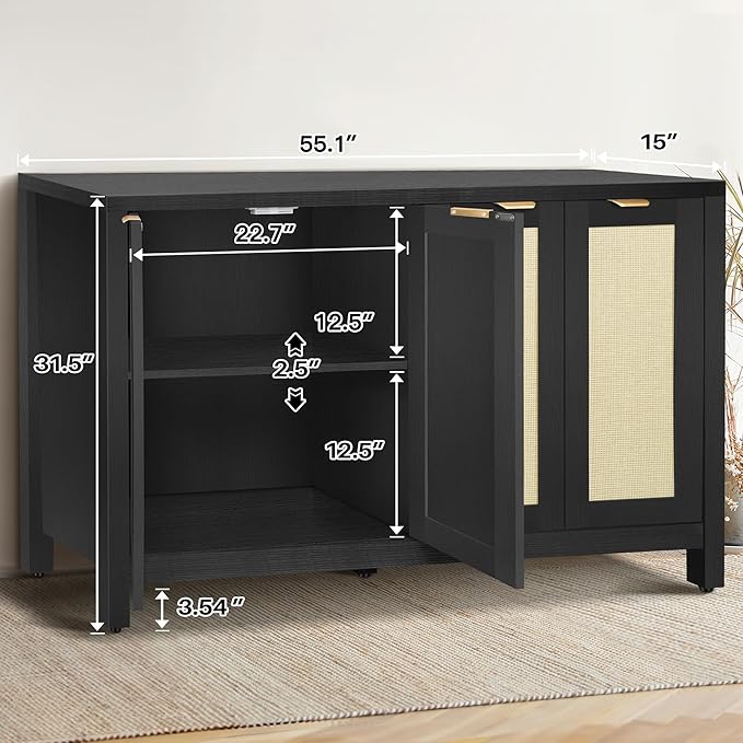Rattan Sideboard Buffet Credenza Cabinet - Large Farmhouse Kitchen Coffee Bar Cabinet with 4 Rattan Door Storage for Entryway Living Room, 55" x 15" x 31.5" (Black)