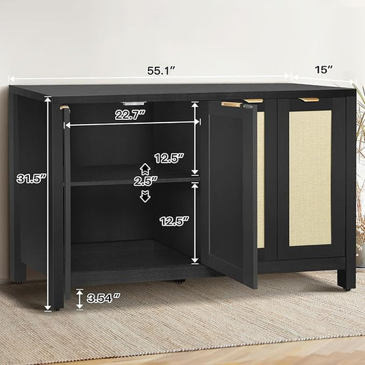 Rattan Sideboard Buffet Credenza Cabinet - Large Farmhouse Kitchen Coffee Bar Cabinet with 4 Rattan Door Storage for Entryway Living Room, 55" x 15" x 31.5" (Black)