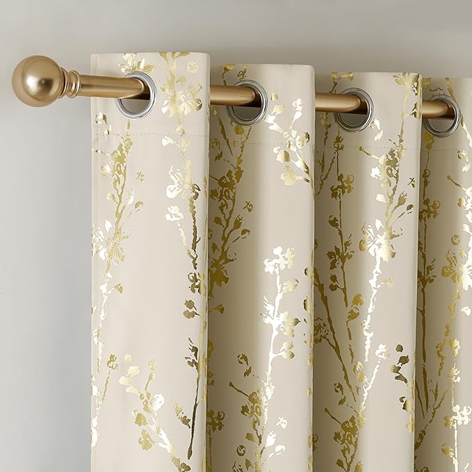 NICETOWN Gold Silver Printed 100% Blackout Floral Curtains for Living Room, Grommet Thermal Window Treatments Branch Pattern Drapes or Bedroom, Beige, W52 x L96, 2 Panels
