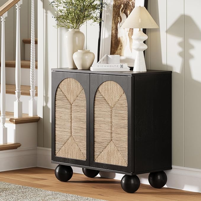 Nathan James Leah Boho Entryway Storage Cabinet or Sideboard Cabinet for Kitchen or Living Room with Ball-Style Feet, Natural Seagrass Door Fronts and Solid Wood Legs, Black