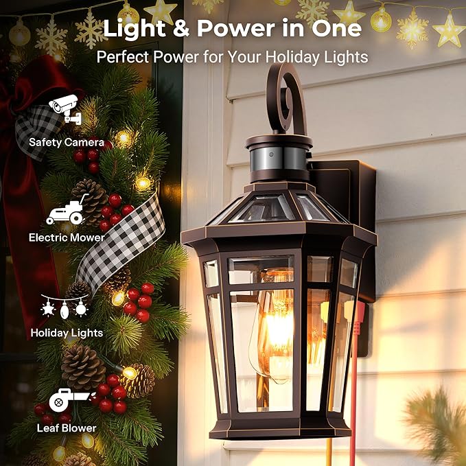 Motion Sensor Porch Light with GFCI Outlet, Oil Rubbed Bronze Outdoor Light Fixture with Outlet, Anti-Rust Exterior Wall Light Lantern, Waterproof Outdoor Sconces Wall Lighting for Garage, Home