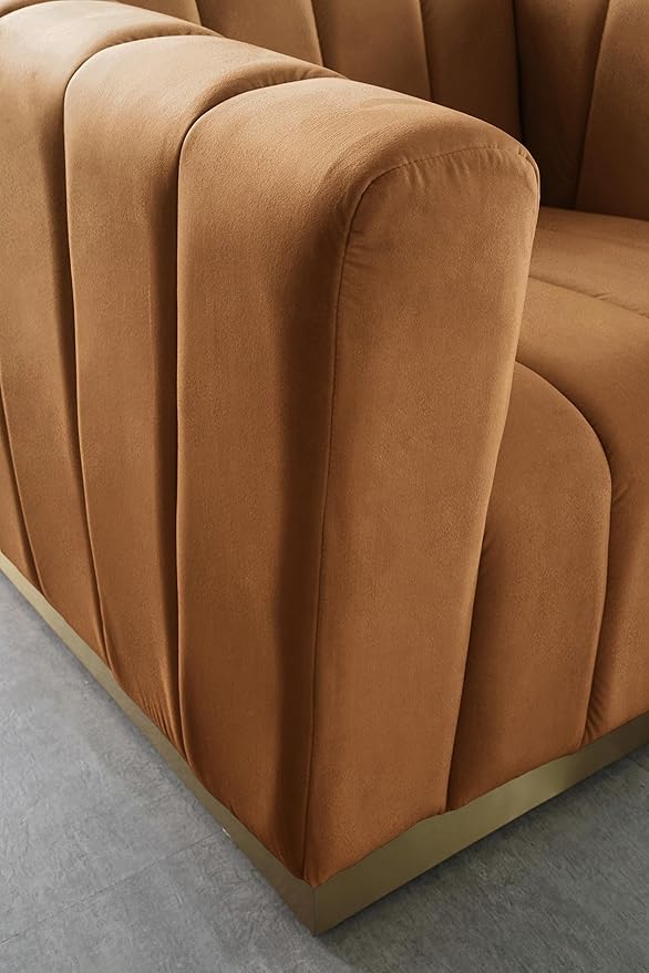 Meridian Furniture 603Saddle-L Marlon Collection Modern | Contemporary Velvet Upholstered Loveseat with Deep Channlel Tufting and Brushed Gold Finish, Saddle, 62.5" W x 34" D x 28" H