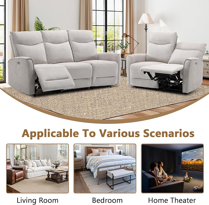 ANJ 2 Pieces Recliner Sofa Furniture Set,Include 2-Seater Loveseat Recliner Sofa and 80" Wide Overstuffed 3 Seater Reclining Couch for Living Room, Light Grey