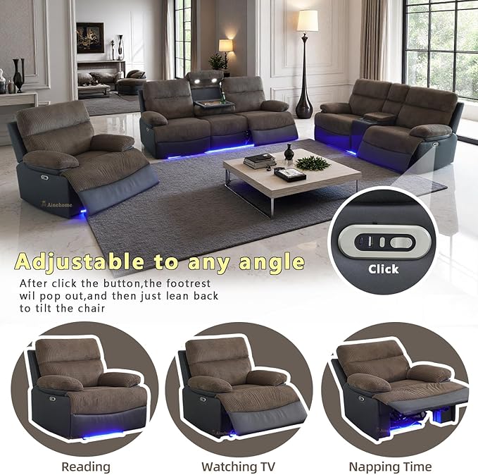 A Ainehome Power Recliner Sofa Set with LED, Corduroy Sofa Sets, 3 Pieces Living Room Furniture Sets, Reclining Sofa Sectional Couches for Living Room with USB Port/Storage Console/Cup Holders