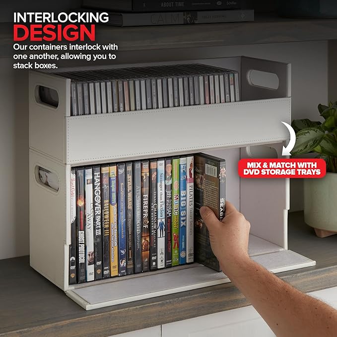 Stock Your Home CD Storage Box, Organizer Shelf for Movie Cases, DVDs, Cassette Tape Display Stand, Disc Holder Can Store Up to 40 CDs, Faux Leather (White)