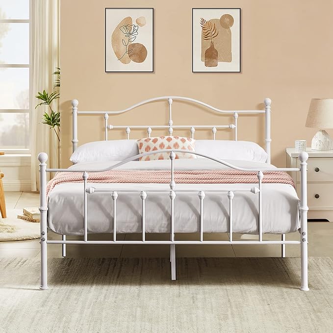 VECELO Full Size Bed Frame, Metal Platform Mattress Foundation/Box Spring Replacement with Headboard Victorian Style, White
