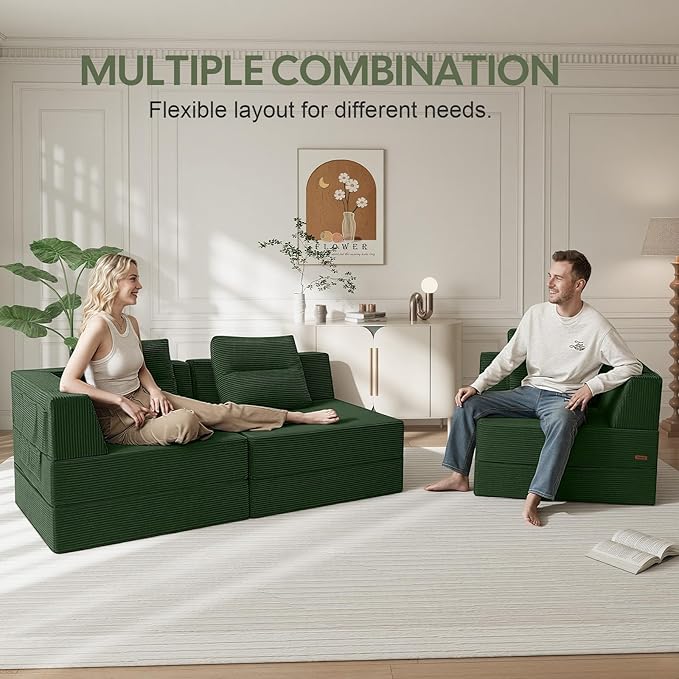 COMAX Futon Sofa Bed 3 Seater, 106" Convertible Sofa Bed Couches for Living Room, 4 in 1 Folding Boneless Sleeper Corduroy Couch Foam in a Box, Comfy Foldable Lounge Fold Out Floor Mattress, Green