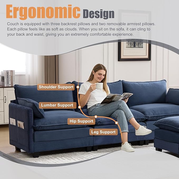 103" Oversized Modular Sectional Sofa Couch with Reversible Ottoman, Free Combination Convertible Corner Couch,Corduroy Upholstered Cloud Sectional Couch with Side Pockets | Multiple Cushions, DIY Combination, Removable Cover