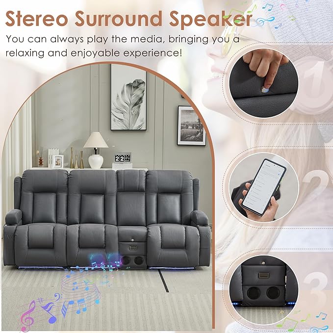 TUNYI Wall Hugger Loveseat Recliner Sofa with Console, Power Reclining Loveseat RV Couch with Massage & Heat/USB/Outlet/Storage/LED Light/Speaker (Blue, 4 Seat)