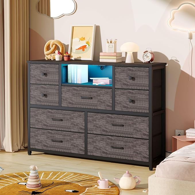 NONGSHIM Dresser with Charging Station and LED Lights, Long Dressers for Bedroom Dresser TV Stand with 9 Drawers, Fabric Chest of Drawers with PU Finish, Wide Dressers Storage Organizer, Grey