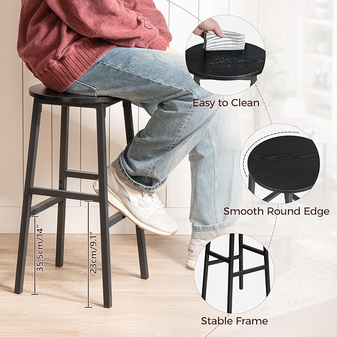 Bar Stools, Set of 2 Round Bar Chairs with Footrest, 24.4 Inch Kitchen Breakfast Bar Stools, Industrial Bar Stools, Easy Assembly, for Dining Room, Kitchen, Black BAHB0201 (Pack of 3)