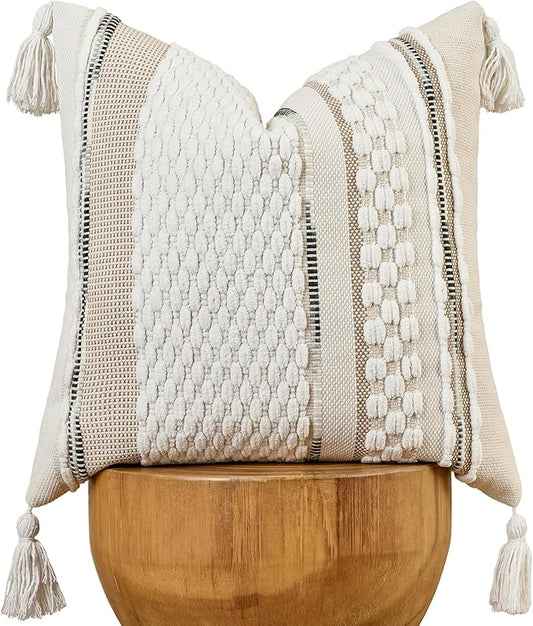 AmHoo Chenille Striped Textured Boho Throw Pillow Covers Aesthetic with Tassels Woven Decorative Pillow Case for Couch Bed Sofa Bedroom Modern Funky 18 x 18-Inch White