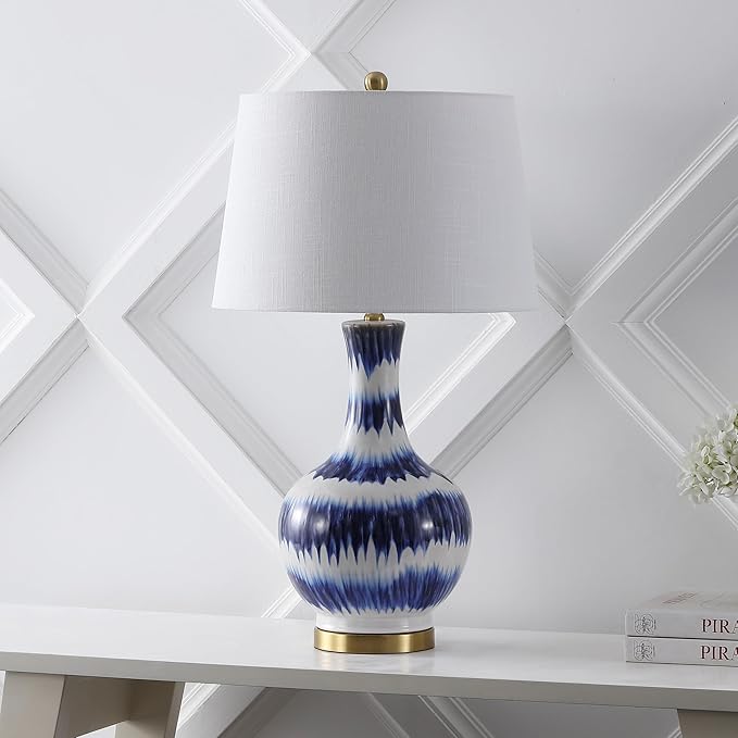 JONATHAN Y 30.5" Blue/White Striped Ceramic Table Lamp for Bedroom Living Room, Modern Coastal Bedside Lamp with Gold Base and White Linen Shade, LED Bulb Included (JYL3054B)