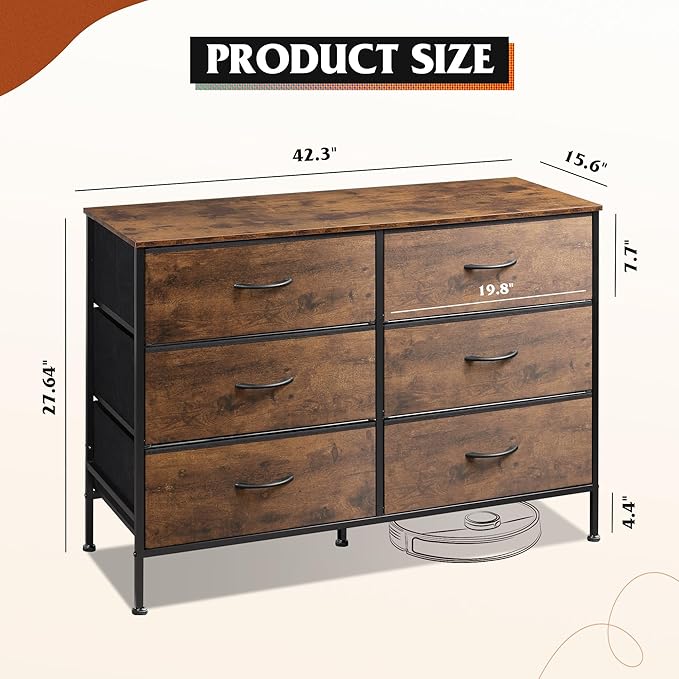 WLIVE Dresser for Bedroom with 6 Drawers, Wide Dresser TV Stand for 50 Inches TV, with Fabric Drawers, Metal Frame, Wooden Top, Storage Dressers for Bedroom, Hallway, Entryway, Rustic Brown