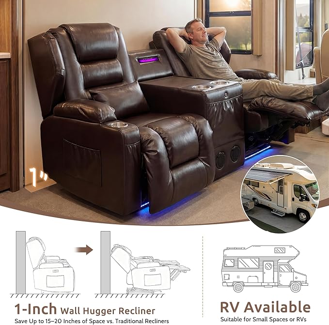 SAMERY Loveseat Recliner Sofa, Power Reclining Loveseat Sofa, Wall Hugger Recliners RV Couch with Console, Lift-Top Table, Rhythm & Ambient LED Lights, USB-C, Outlets, Faux Leather, Brown | Extra Wide Seat, Plush Padding, Dual Power Recline, Lift-Up Ta...