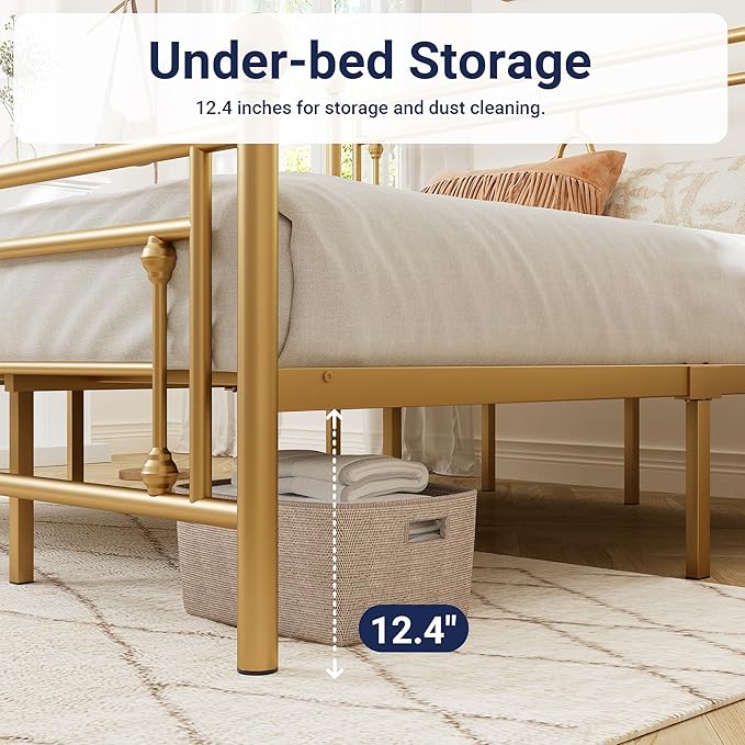 Allewie King Size Metal Platform Bed Frame with Victorian Vintage Headboard and Footboard/Mattress Foundation/Under Bed Storage/No Box Spring Needed/Noise-Free/Easy Assembly, Gold