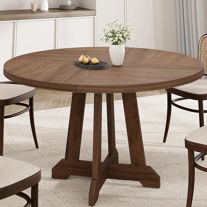 GarveeHome Round Dining Table for 4, 47 Inches Dining Room Table with Wooden Base, Kitchen Table with Circle Tabletop, Dinner Table for Dining Room, Kitchen, Living Room, Brown