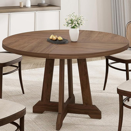 GarveeHome Round Dining Table for 4, 47 Inches Dining Room Table with Wooden Base, Kitchen Table with Circle Tabletop, Dinner Table for Dining Room, Kitchen, Living Room, Brown