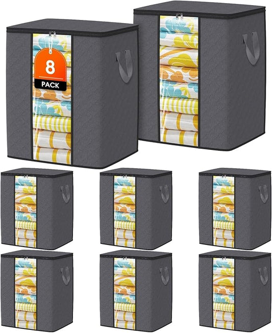 Clothes Storage Bags, 8-Pack Comforter Blanket Organizers, 80L Large Capacity Containers with Visual Window for Clothing, Quilt, Sheet, Pillow, Closet Organization for Bedding (Grey)