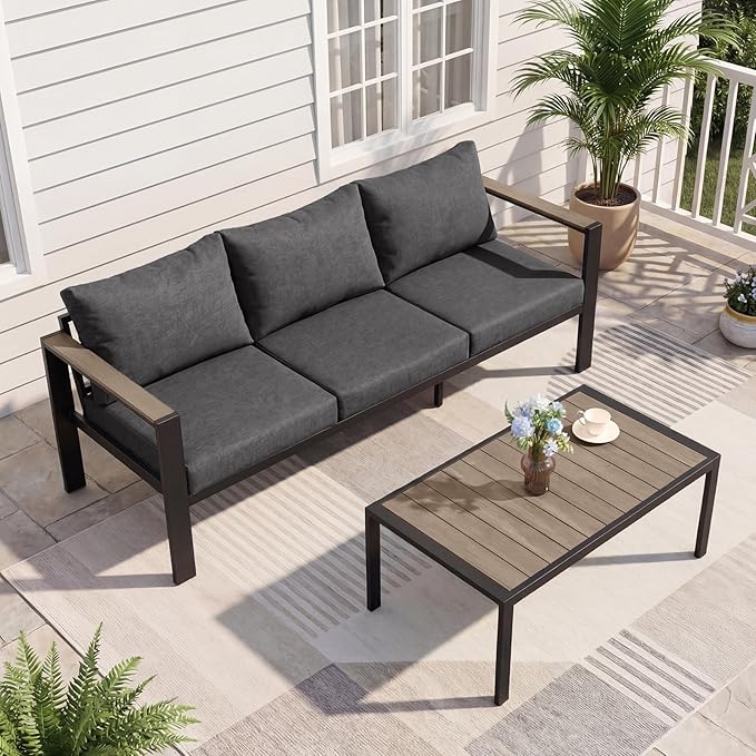Outdoor Patio Furniture Set 3 Seats Sofa and Coffee Table with Washable Thick Cushions, All-Weather Luxury Aluminum Modern Outside Sectional Set for Porch, Balcony, Deck, Yard, Dark Gray