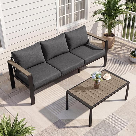 Outdoor Patio Furniture Set 3 Seats Sofa and Coffee Table with Washable Thick Cushions, All-Weather Luxury Aluminum Modern Outside Sectional Set for Porch, Balcony, Deck, Yard, Dark Gray