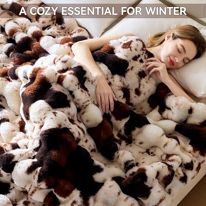 Faux Fur Throw Blanket, 1000GSM Fluffy Soft Bubble Blanket for Couch Bed, Cozy Plush Warm and Thick Blanket, Fuzzy Rabbit Throw for Living Room Bedroom 90''*104'' Cow Brown