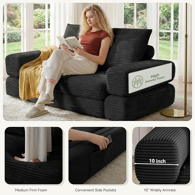 Jocoevol 4-in-1 Convertible Folding Sofa Bed, 68"L x 78"W Queen Size Foldable Sleeper Sofa Bed, Wide Corduroy Upholstery, Boneless Mattress Couch with Armrests & Neck Pillow for Living/Bedroom, Black