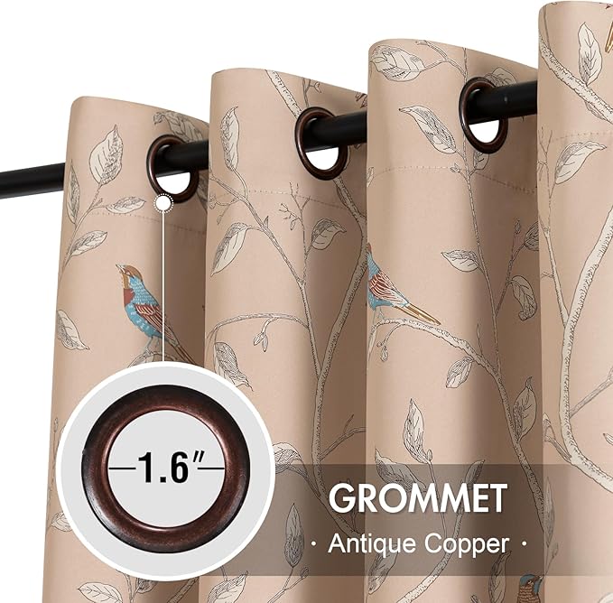 H.VERSAILTEX Blackout Curtains for Bedroom 96 Inches Length Thermal Insulated Birds Rustic Printed Curtain Drapes for Living Room Energy Efficient Room Darkening Home Decoration Pair 2 Panels, Taupe