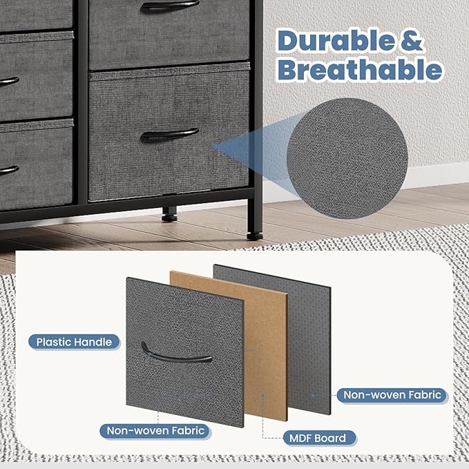 DUMOS TV Stand for Bedroom with Storage TV Stands for Living Room Grey, 7 Drawer Farmhouse Entertainment Center Media Console Table with Metal Frame Adjustable Feet