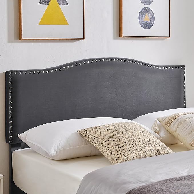 VECELO Full Bed Frame, Platform Bed Frame with Adjustable Height Upholstered Headboard, Heavy-Duty Frame and Strong Wooden Slats Support, Non-Slip and Noise-Free, Easy Assembly, Dark Grey