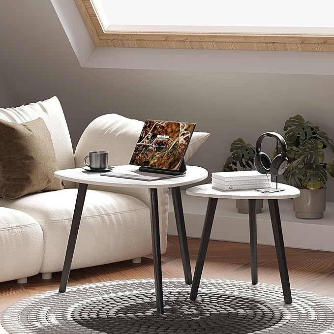 BAMEOS Bamboo Nesting Triangle End Table,Set of 2 Side Table Modern Minimalist Coffee Table for Living Room (Marble White)