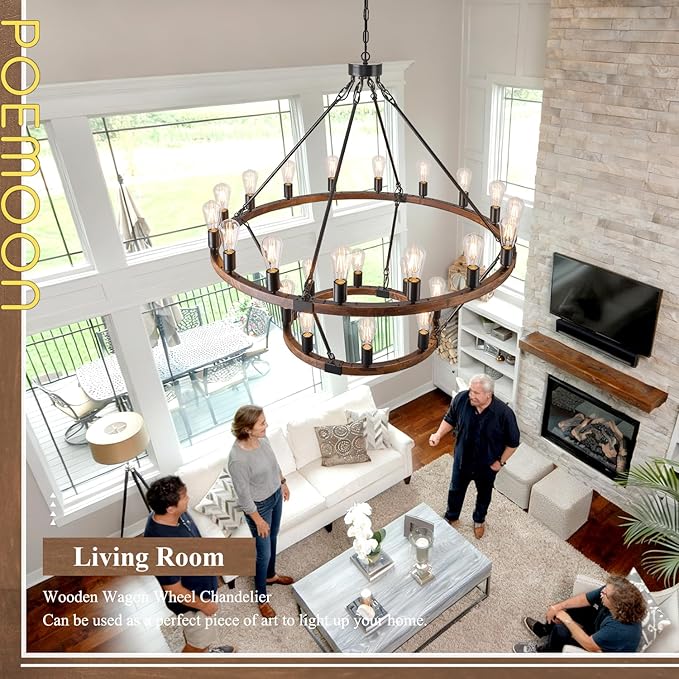 2 Tier Wooden Wagon Wheel Chandelier 43.3'' Farmhouse 24 Lights(16+8) Black Rustic Light Fixture 2-Story Round Wood Chandelier for High Ceiling Living Dining Room Foyer Villa