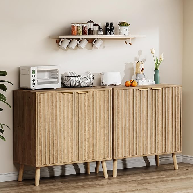 Fluted Buffet Cabinet, Free Standing Sideboard with Storage, Wood Accent Cabinet with Doors & Shelf, Multifunctional Credenza, Sideboard Buffet for Living Room, Dining Room(1, Natural)