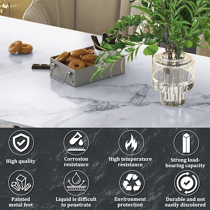 Sintered Stone Dining Table,63" Modern Faux Marble Kitchen Table, Grey Rectangular Slate Patio Table with Metal Legs, Indoor Outdoor Stone Dining Table，Scratch and Heat Resistant(63"x35.4")