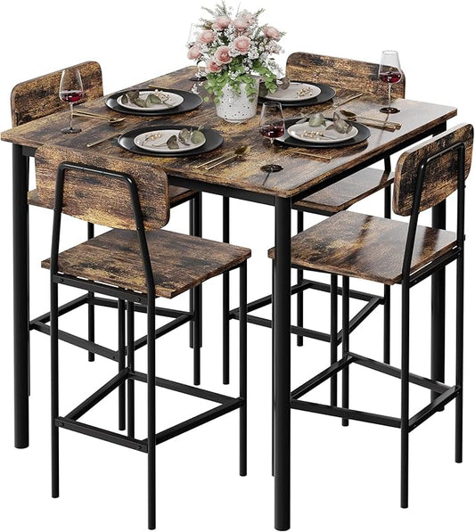 Kitchen Table and Chairs of 4, 5 Piece Dining Table Set, Sturdy Industrial Space Saving Dinette Set for Pub, Family Dinners, Apartment, Rustic Brown