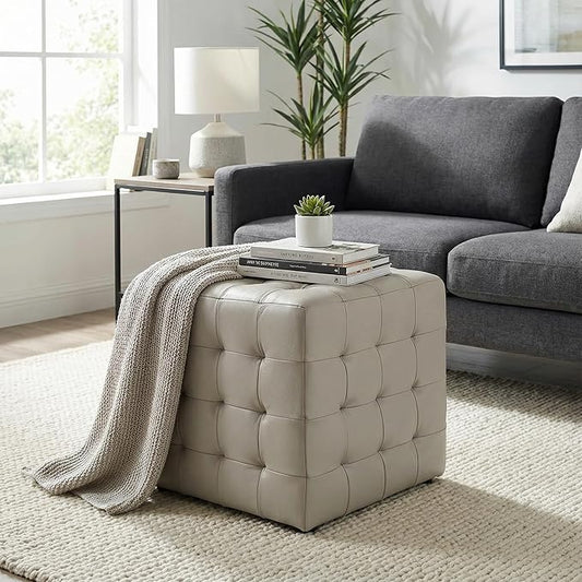 Cortesi Home Charli Tufted Cube Ottoman in 100% Genuine Leather, Light Grey