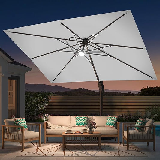 10' X 13' Patio Umbrella with LED Lights Outdoor Cantilever Large Rectangle Offset Umbrellas Heavy Duty Aluminum Double Top with 360-degree Rotation for Pool Garden Deck, Fog Grey