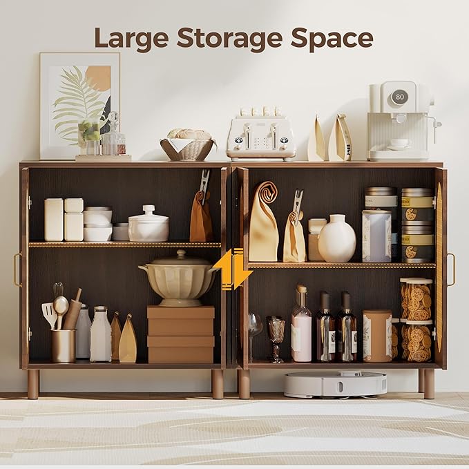 Buffet Cabinet with Storage, Imitation Rattan Arched Sideboard with Adjustable Shelves, Coffee Bar Cabinet for Kitchen, Living Room, Hallway, Entryway, Walnut, 2 PCS