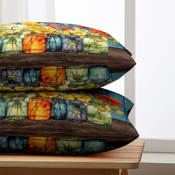 Daisy Floral Lumbar Pillow Covers 12x20 Set of 2 Rustic Vintage Flower Vase Wood Board Throw Pillow Cases Spring Summer Watercolor Flowers Outdoor Pillowcase for Farmhouse Couch Sofa Decor