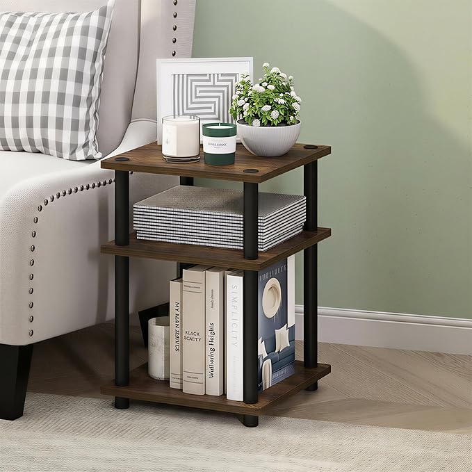 Furinno Turn-N-Tube Side Table, 3-Tier Square Modern End Table, Toolless Open Shelves Nightstand, Night Stand, Bedside Table, Easy Assembly, for Living Room, Bedroom, Amber Pine