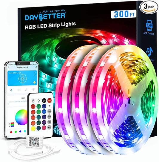 DAYBETTER LED Strip Lights 300 ft, Smart Light with App Remote Control, RGB LED Lights for Bedroom, Music Sync Color Changing for Room Home Decor Party Festival Halloween, Christmas (3 Rolls)