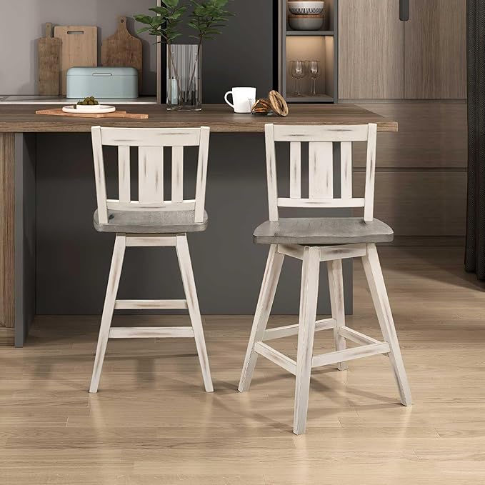 Lexicon Counter Height Stools Set of 2-Solid Wood Frame 360° Swivel Wooden Stools, Foot Rest, Slat Back, Wide Seat, Distressed Farmhouse Easy to Clean Finish, 24" SH, Antique White/Grey