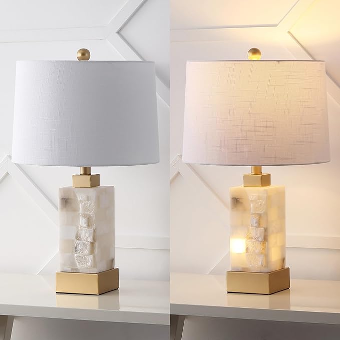 JONATHAN Y 23" Gold/White 2-Light Alabaster and Metal LED Table Lamp, Coastal Glam Modern Bedside Lamp with Nightlight Base and Linen Shade, LED Bulbs Included JYL6202A
